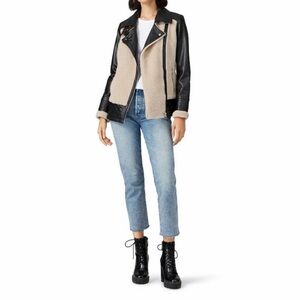 Slate & Willow Womens Large Beige Sherpa Black Genuine Leather Moto Aviator Coat